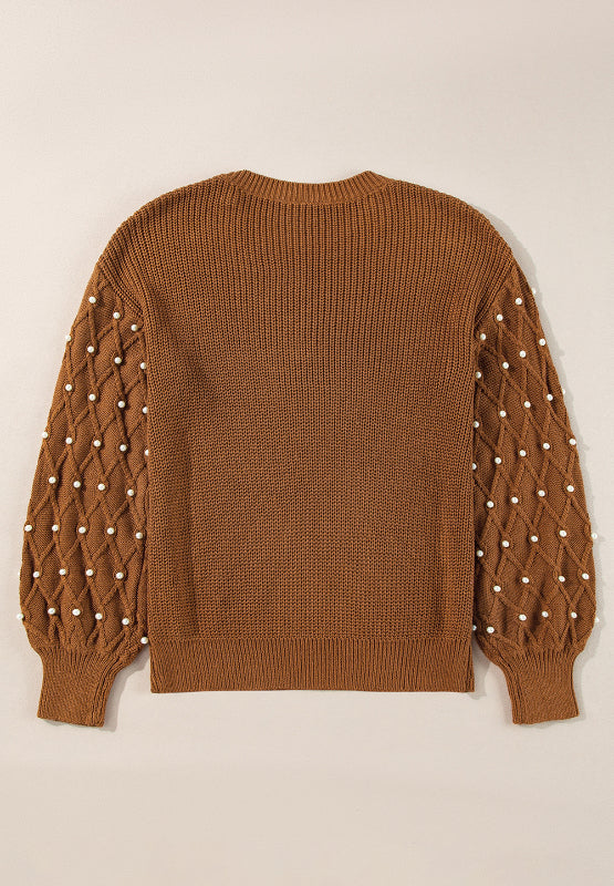 Pearl Detail Round Neck Long Sleeve Sweater-Angel Casuals