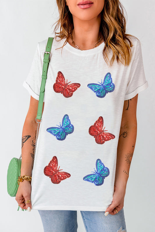Sequin Butterfly Round Neck Short Sleeve T-Shirt-Angel Casuals