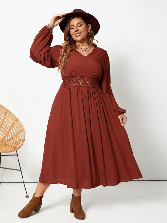 Plus Size Lace Detail V-Neck Balloon Sleeve Dress-Angel Casuals