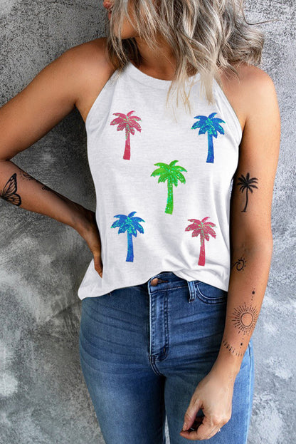 Sequin Coconut Tree Round Neck Tank-Angel Casuals