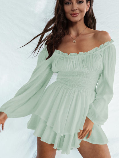 Off Shoulder Smocked Waist Romper-Angel Casuals