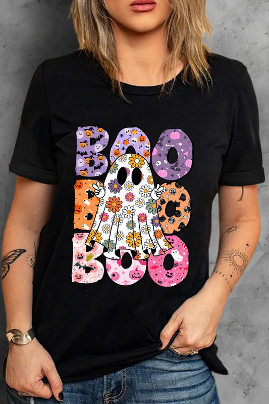 BOO Ghost Graphic Round Neck Short Sleeve T-Shirt-Angel Casuals