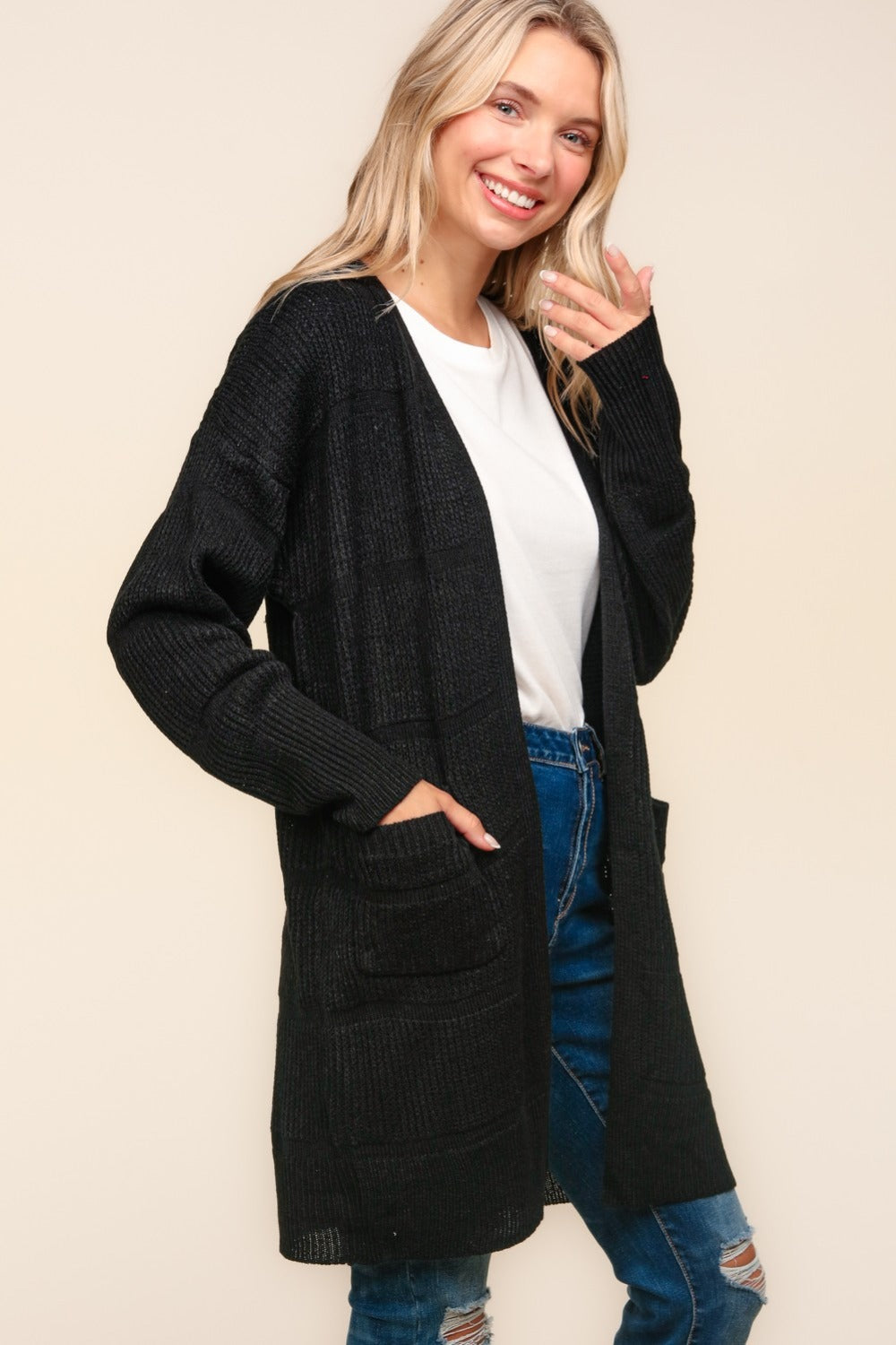 Haptics Stripe Textured Open Front Cardigan with Pockets-Angel Casuals