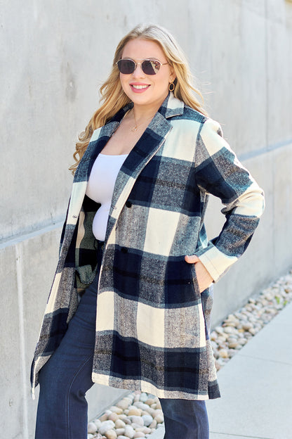 Double Take Full Size Plaid Button Up Lapel Collar Coat-Angel Casuals