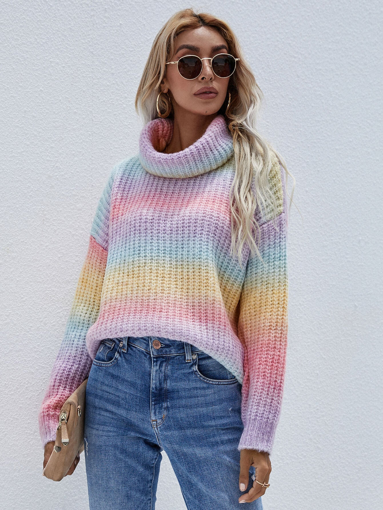 Rainbow Rib-Knit Turtleneck Drop Shoulder Sweater-Angel Casuals