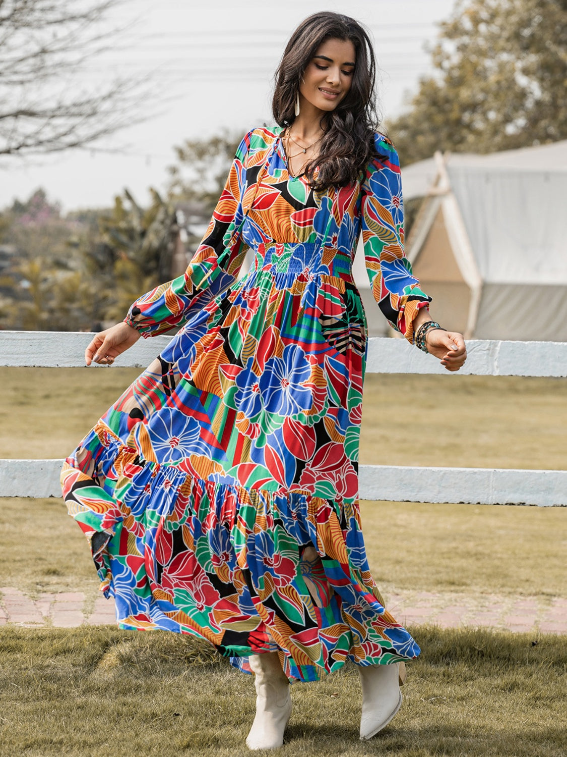 Printed Smocked Tie Neck Balloon Sleeve Maxi Dress-Angel Casuals