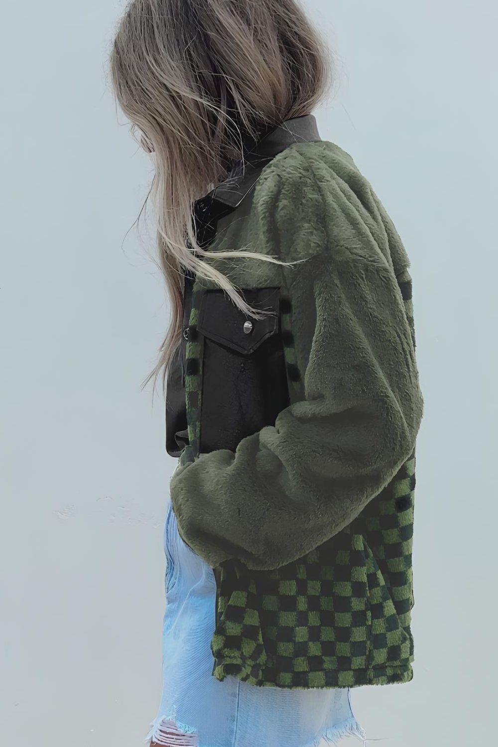 Pocketed Checkered Collared Neck Snap Down Jacket-Angel Casuals