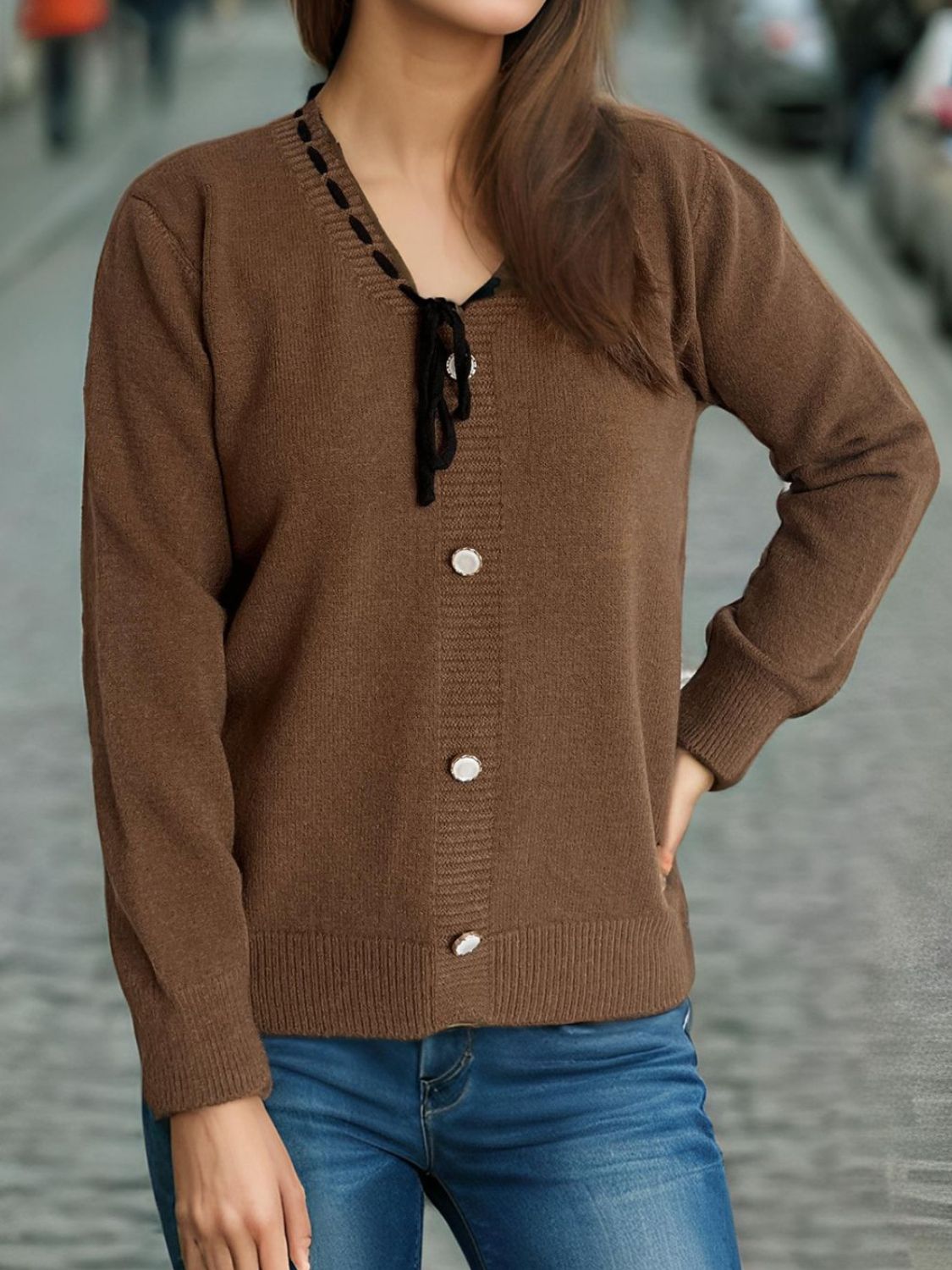 Tied V-Neck Long Sleeve Sweater-Angel Casuals