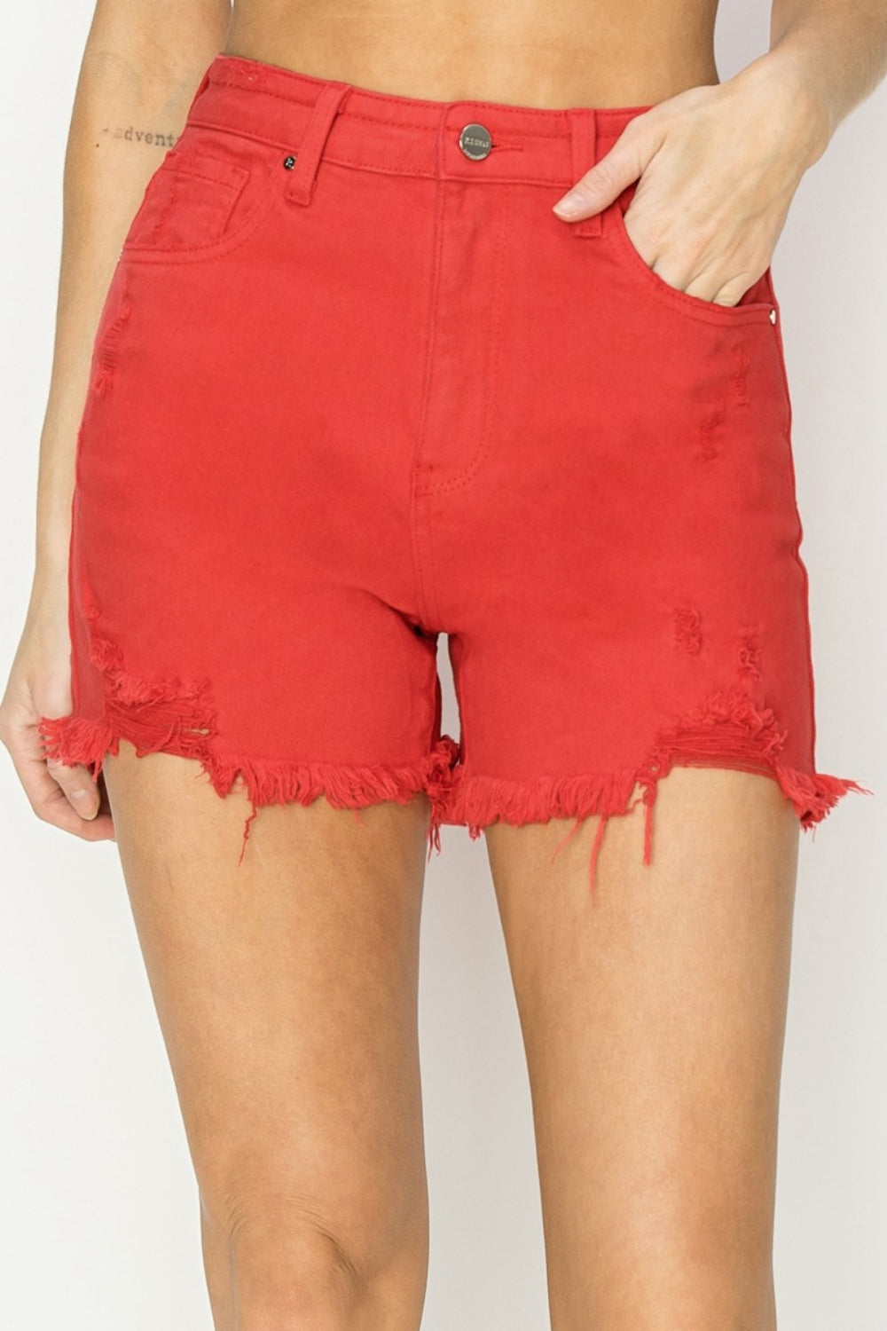 RISEN High Rise Distressed Denim Shorts-Angel Casuals