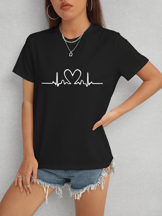 Heart Round Neck Short Sleeve T-Shirt-Angel Casuals