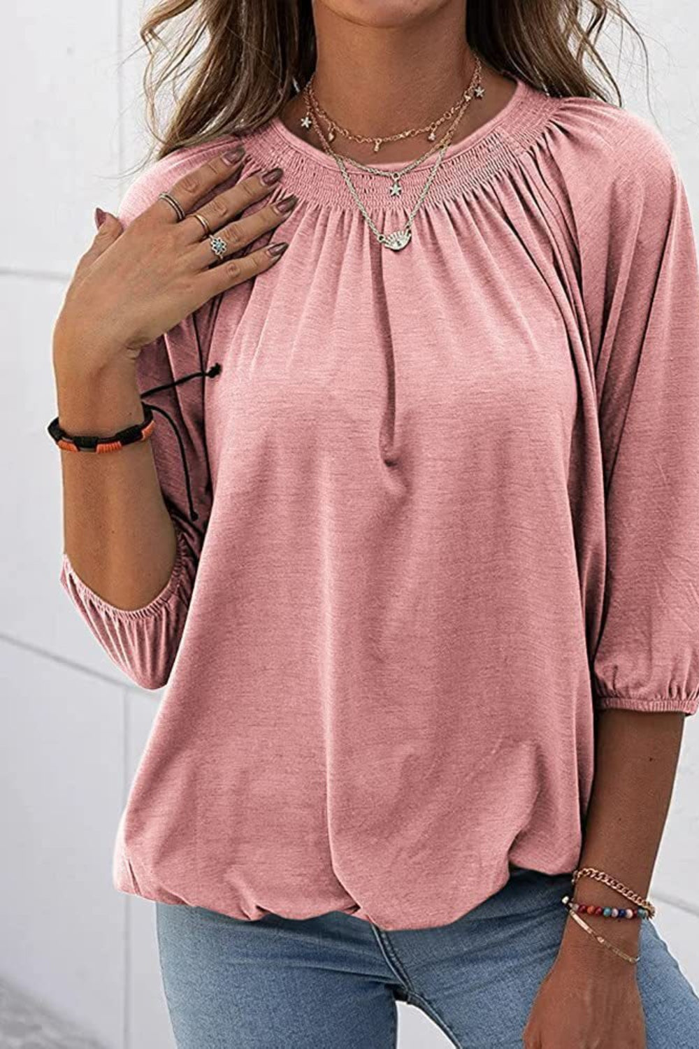 Gathered Detail Round Neck T-Shirt-Angel Casuals