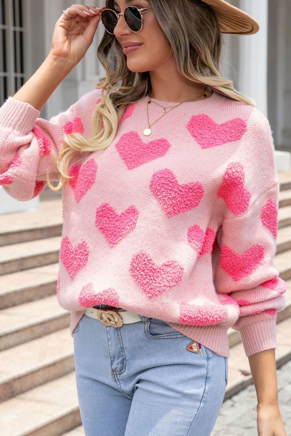 Valentine's Day Heart Jacquard Round Neck Sweater-Angel Casuals