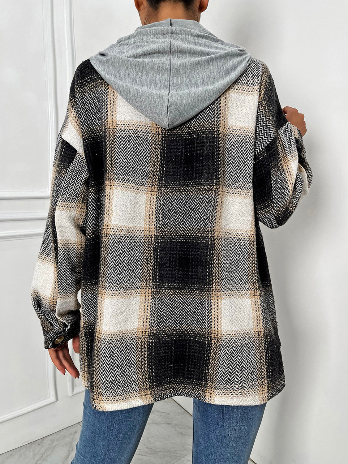 Plaid Drawstring Hooded Jacket-Angel Casuals