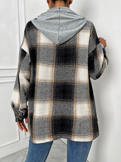 Plaid Drawstring Hooded Jacket-Angel Casuals