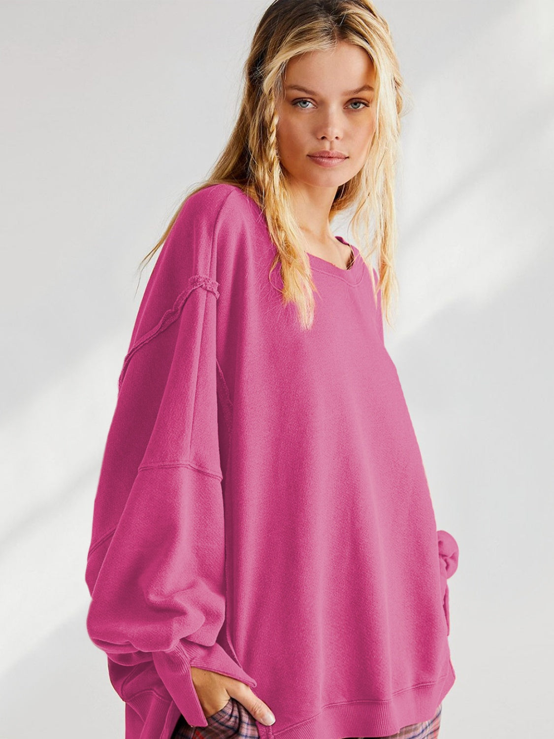 Slit Round Neck Dropped Shoulder T-Shirt-Angel Casuals