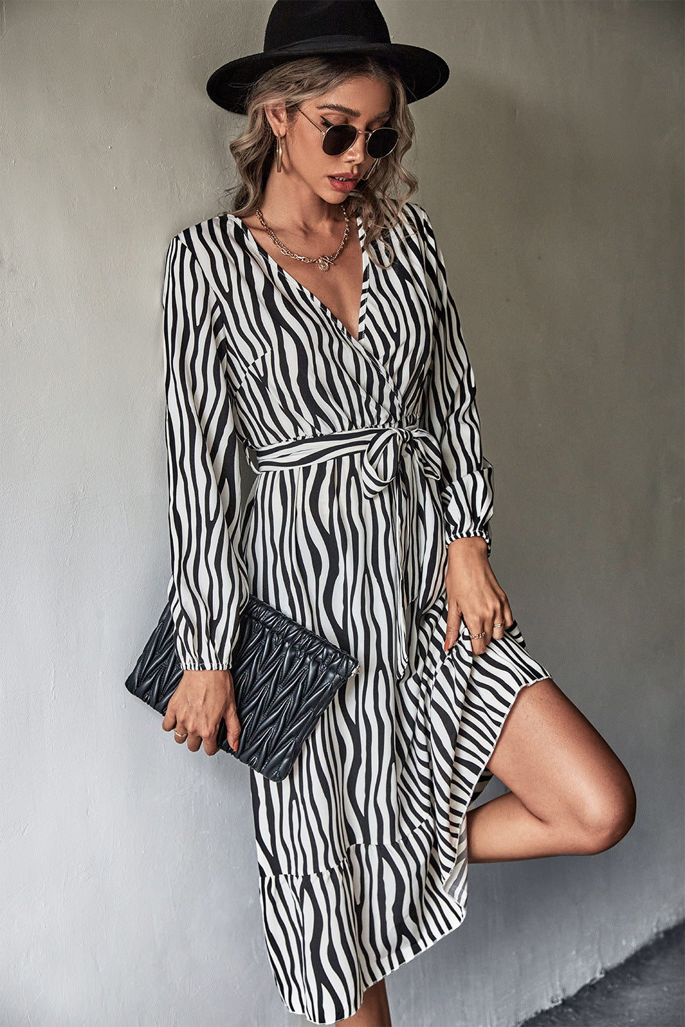 Animal Print Belted Midi Dress-Angel Casuals