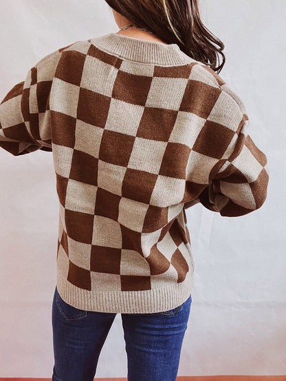 Checkered Open Front Button Up Cardigan-Angel Casuals