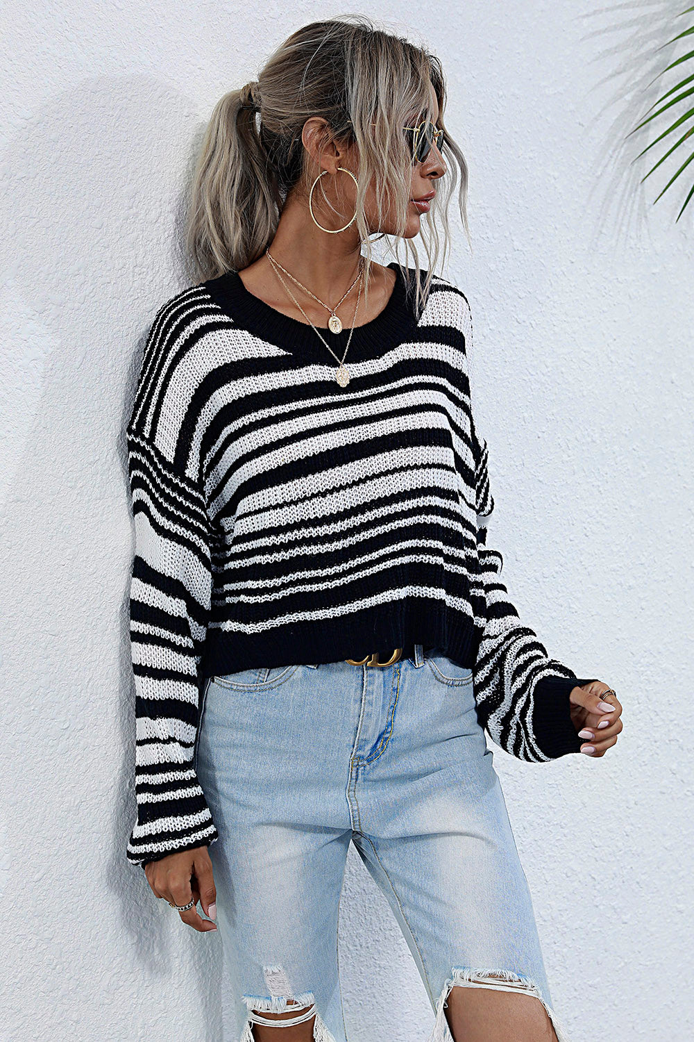 Perfee Striped Round Neck Dropped Shoulder Sweater-Angel Casuals