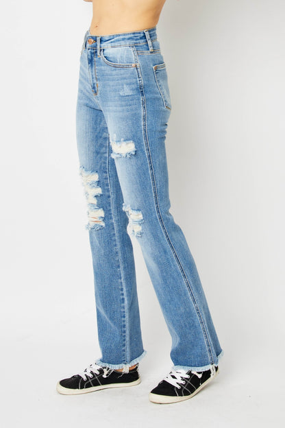 Judy Blue Full Size Distressed Raw Hem Bootcut Jeans-Angel Casuals