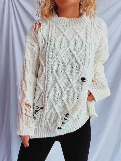 Distressed Cable-Knit Round Neck Long Sleeve Sweater-Angel Casuals