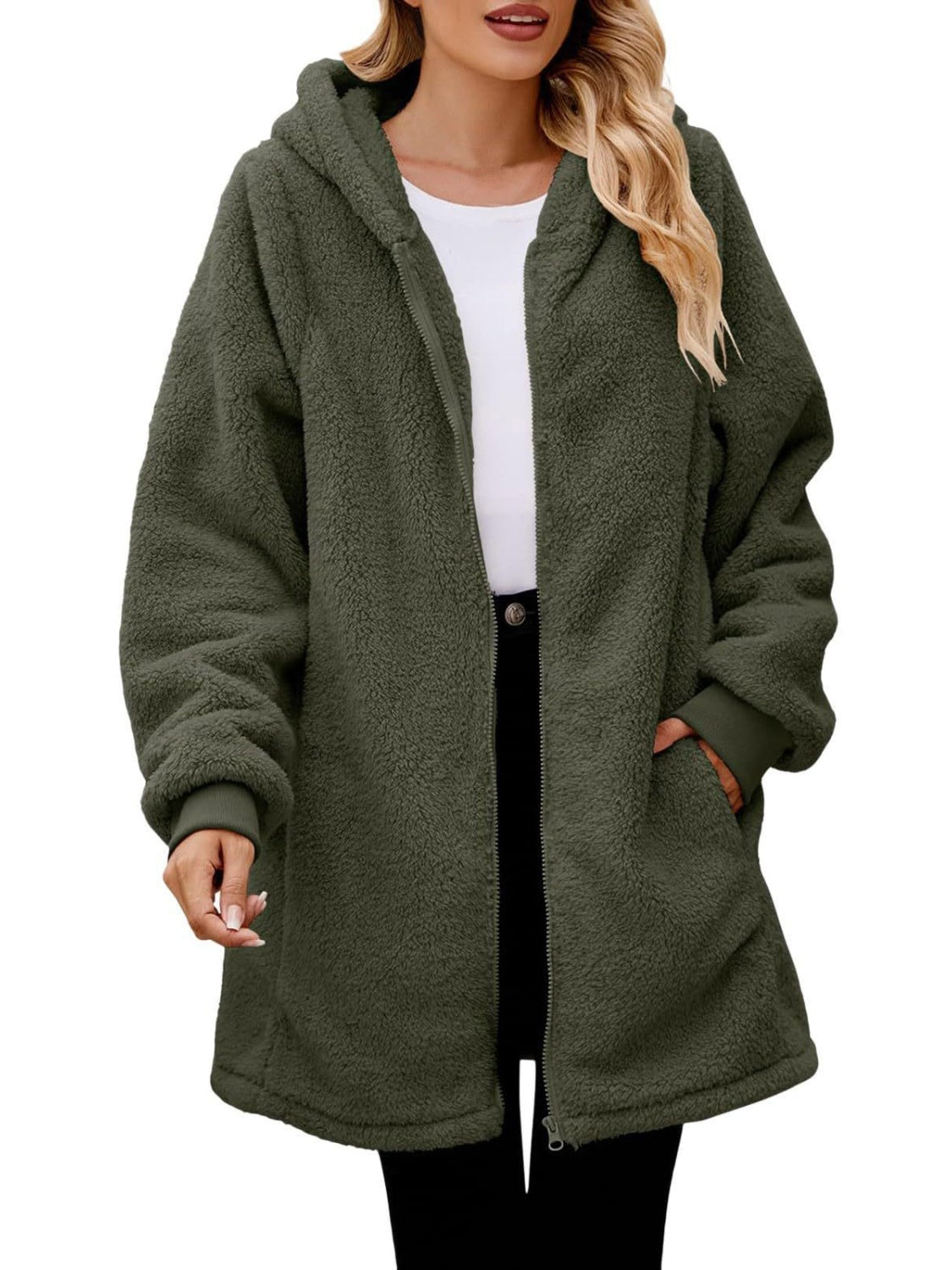 Fuzzy Pocketed Zip Up Long Sleeve Hooded Jacket-Angel Casuals