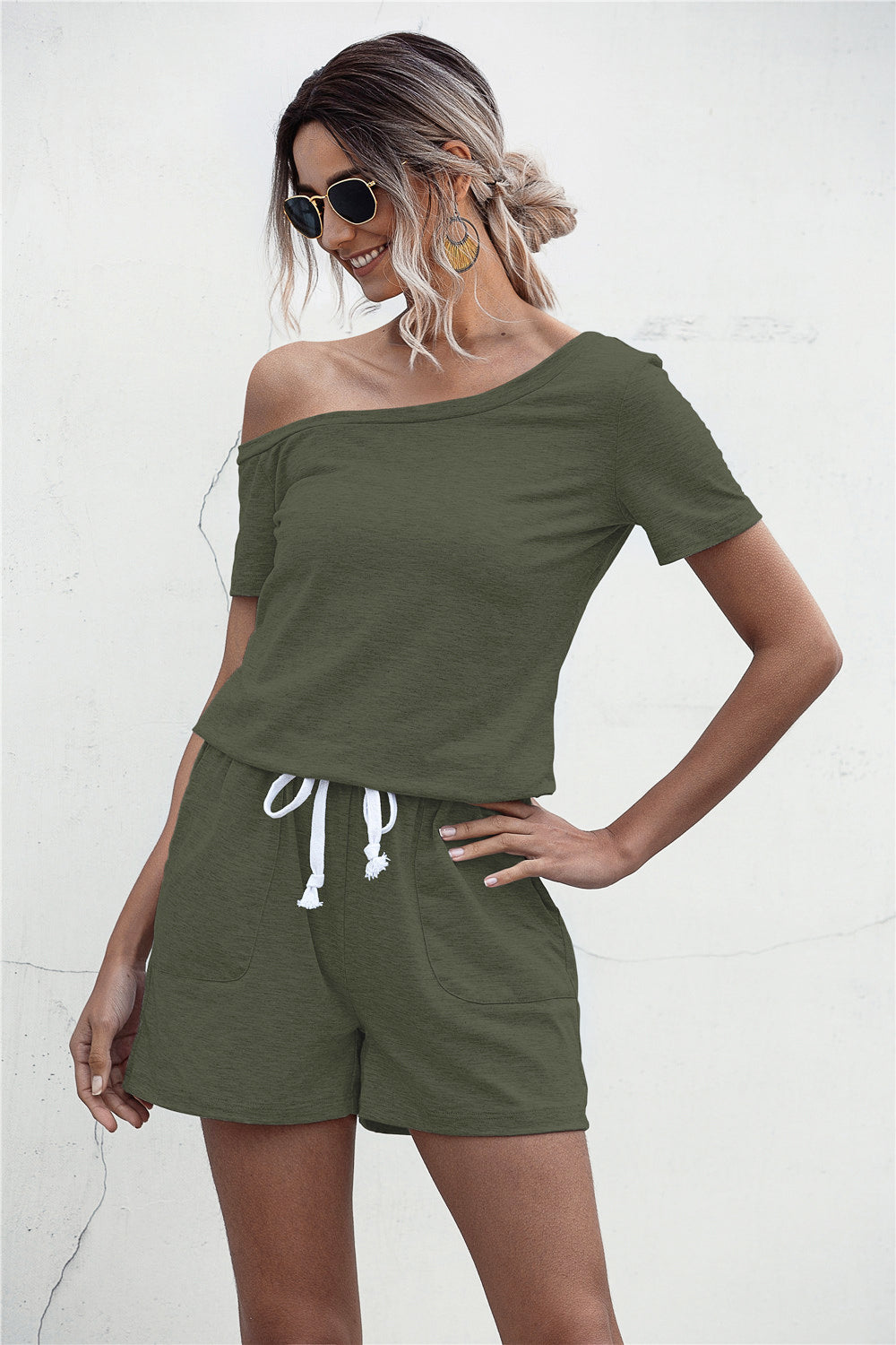 One Shoulder Tie Waist Romper-Angel Casuals