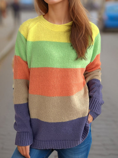 Color Block Round Neck Long Sleeve Sweater-Angel Casuals