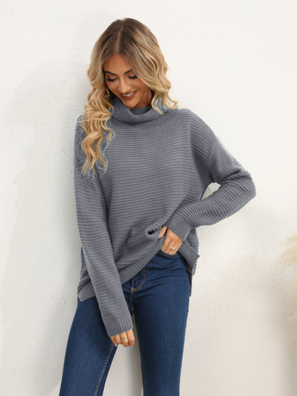 Slit Turtleneck Dropped Shoulder Sweater-Angel Casuals