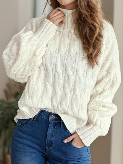 Cable-Knit Turtleneck Long Sleeve Sweater-Angel Casuals