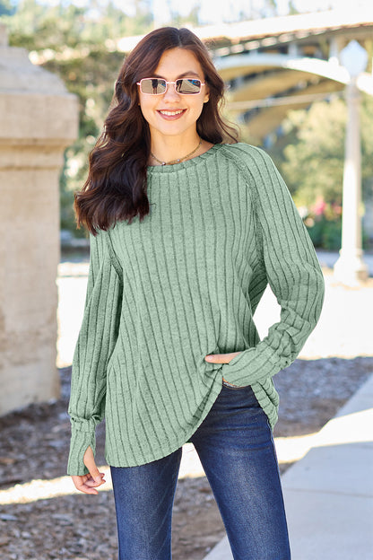 Basic Bae Full Size Ribbed Round Neck Long Sleeve Knit Top-Angel Casuals