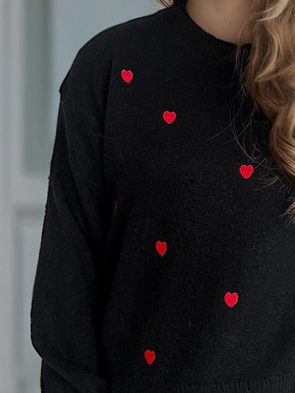 Heart Round Neck Long Sleeve Sweater-Angel Casuals