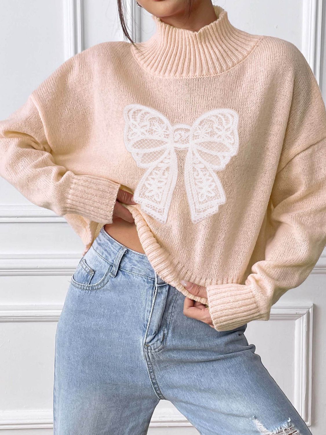 Bow Turtleneck Long Sleeve Sweater-Angel Casuals