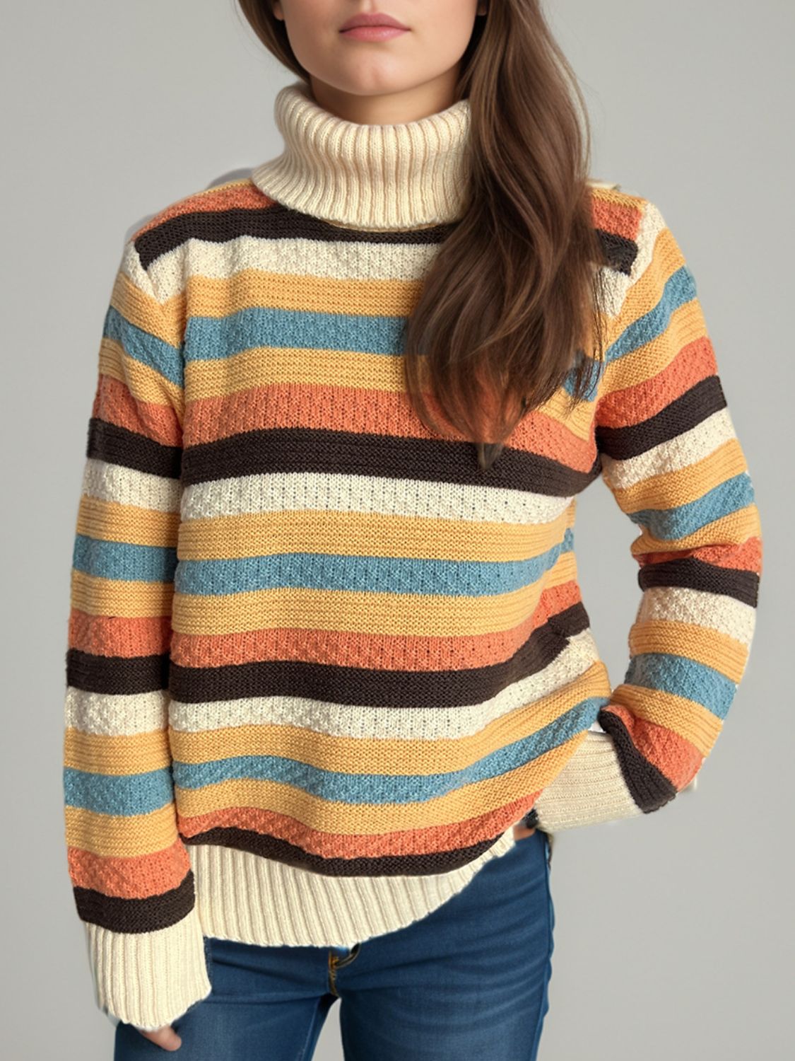 Contrast Stripes Turtleneck Long Sleeve Sweater-Angel Casuals