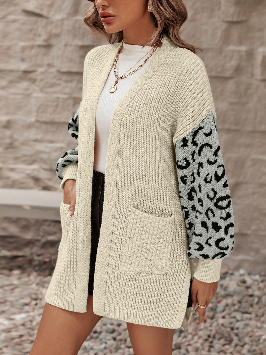 Pocketed Leopard Open Front Cardigan-Angel Casuals