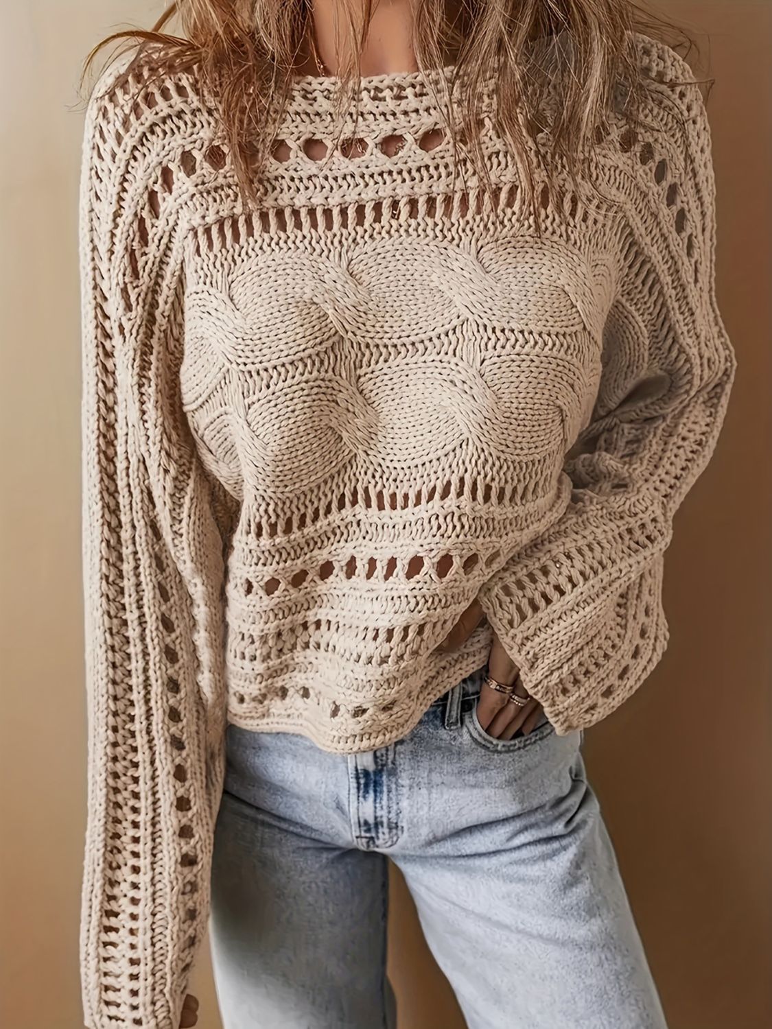 Hollow Out Cable-Knit Boat Neck Sweater-Angel Casuals