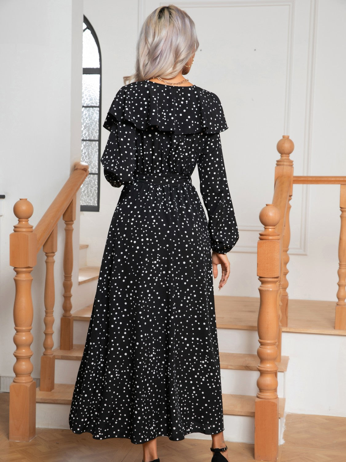 Polka Dot Tie Front Long Sleeve Slit Dress-Angel Casuals