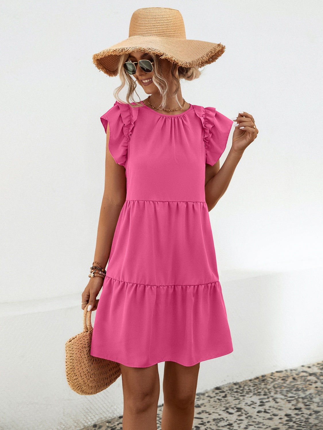 Ruffled Round Neck Cap Sleeve Mini Dress-Angel Casuals