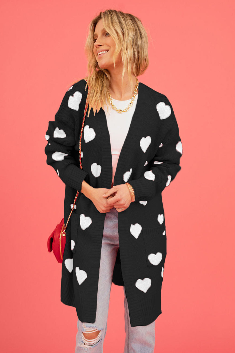 Heart Graphic Open Front Cardigan with Pockets-Angel Casuals