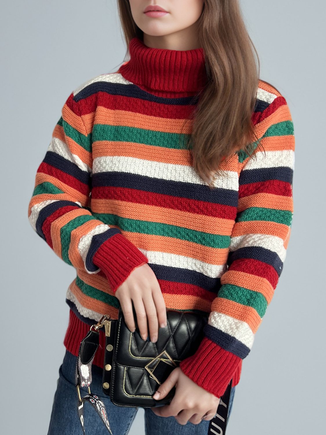 Contrast Stripes Turtleneck Long Sleeve Sweater-Angel Casuals