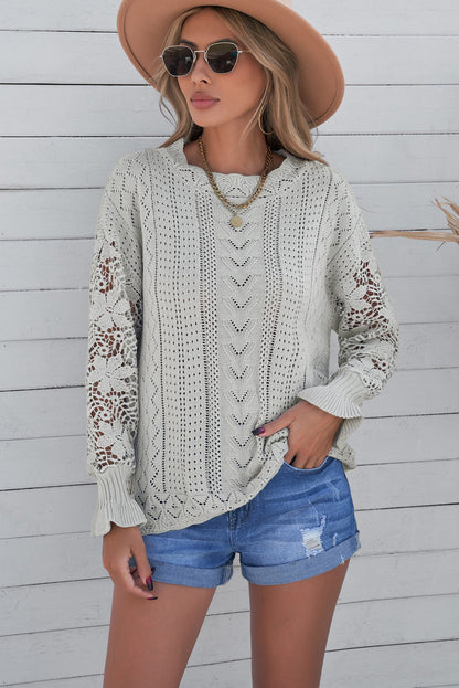 Openwork Lantern Sleeve Dropped Shoulder Sweater-Angel Casuals