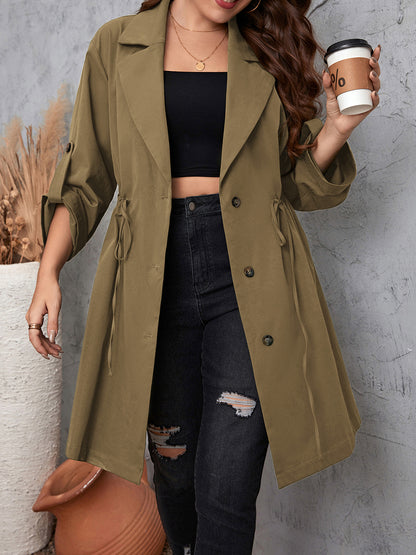 Honey Plus Size Lapel Collar Drawstring Roll-Tab Sleeve Trench Coat-Angel Casuals