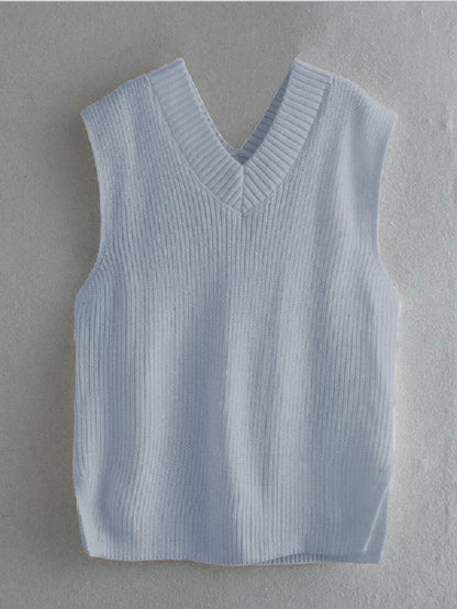 Ribbed V-Neck Sleeveless Sweater Vest-Angel Casuals
