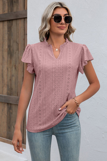 Eyelet Notched Flutter Sleeve T-Shirt-Angel Casuals