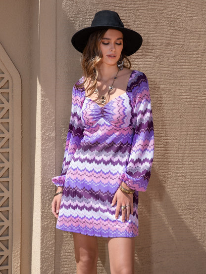 Printed Sweetheart Neck Balloon Sleeve Dress-Angel Casuals