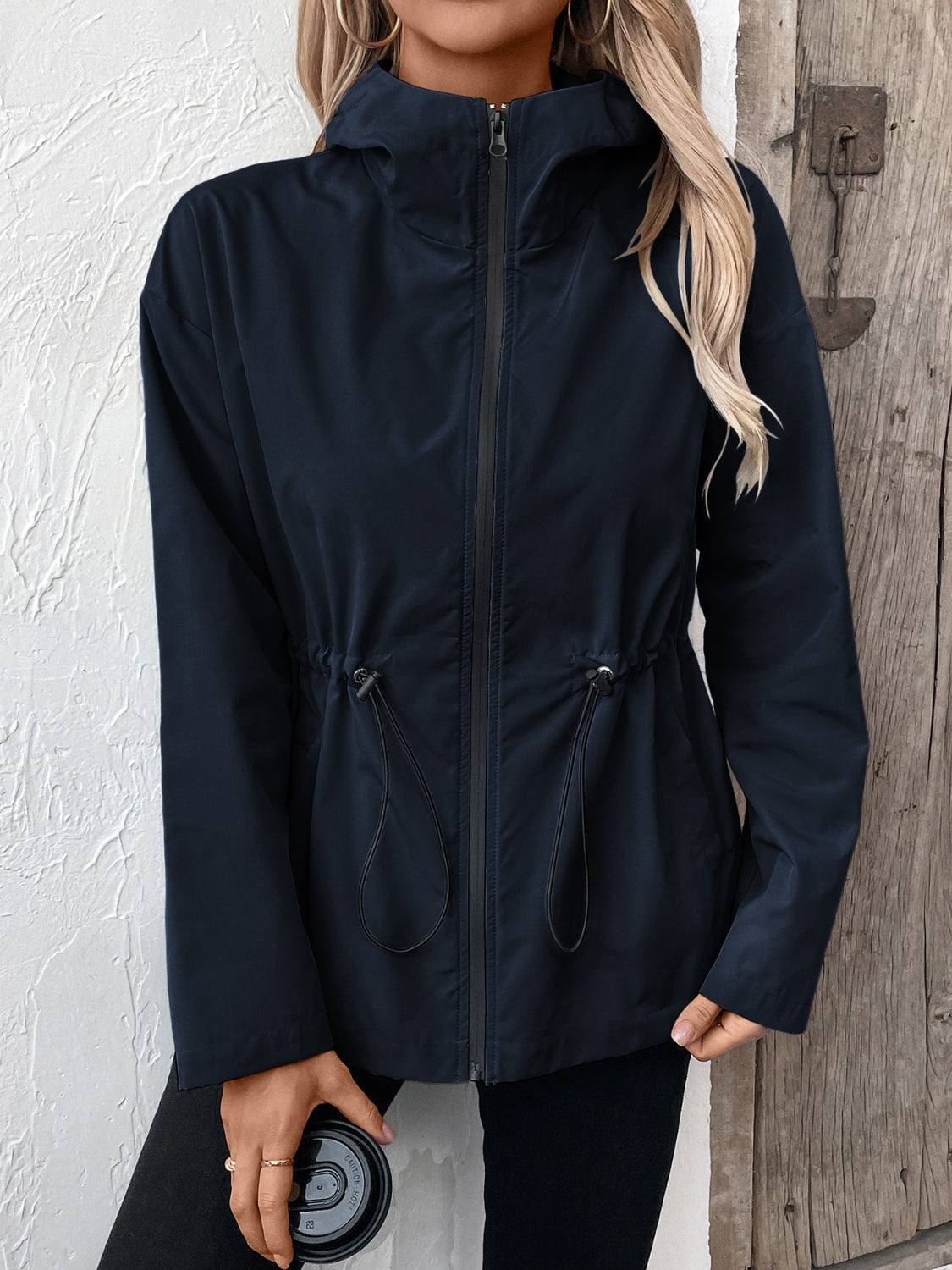 Ivy Lane Drawstring Zip Up Hooded Jacket-Angel Casuals