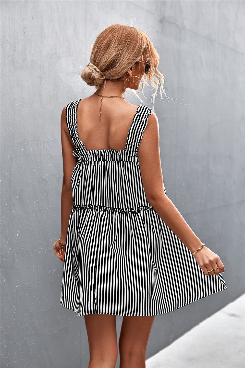 Striped Frill Trim Square Neck Dress-Angel Casuals