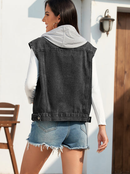 Pocketed Button Up Hooded Denim Jacket-Angel Casuals