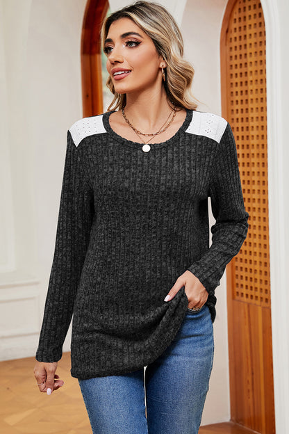 Eyelet Ribbed Round Neck Long Sleeve T-Shirt-Angel Casuals