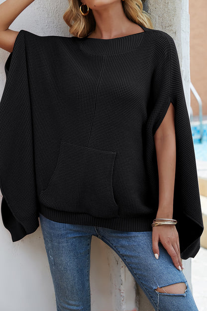 Waffle-Knit Pocketed Cape Sleeve Sweater-Angel Casuals