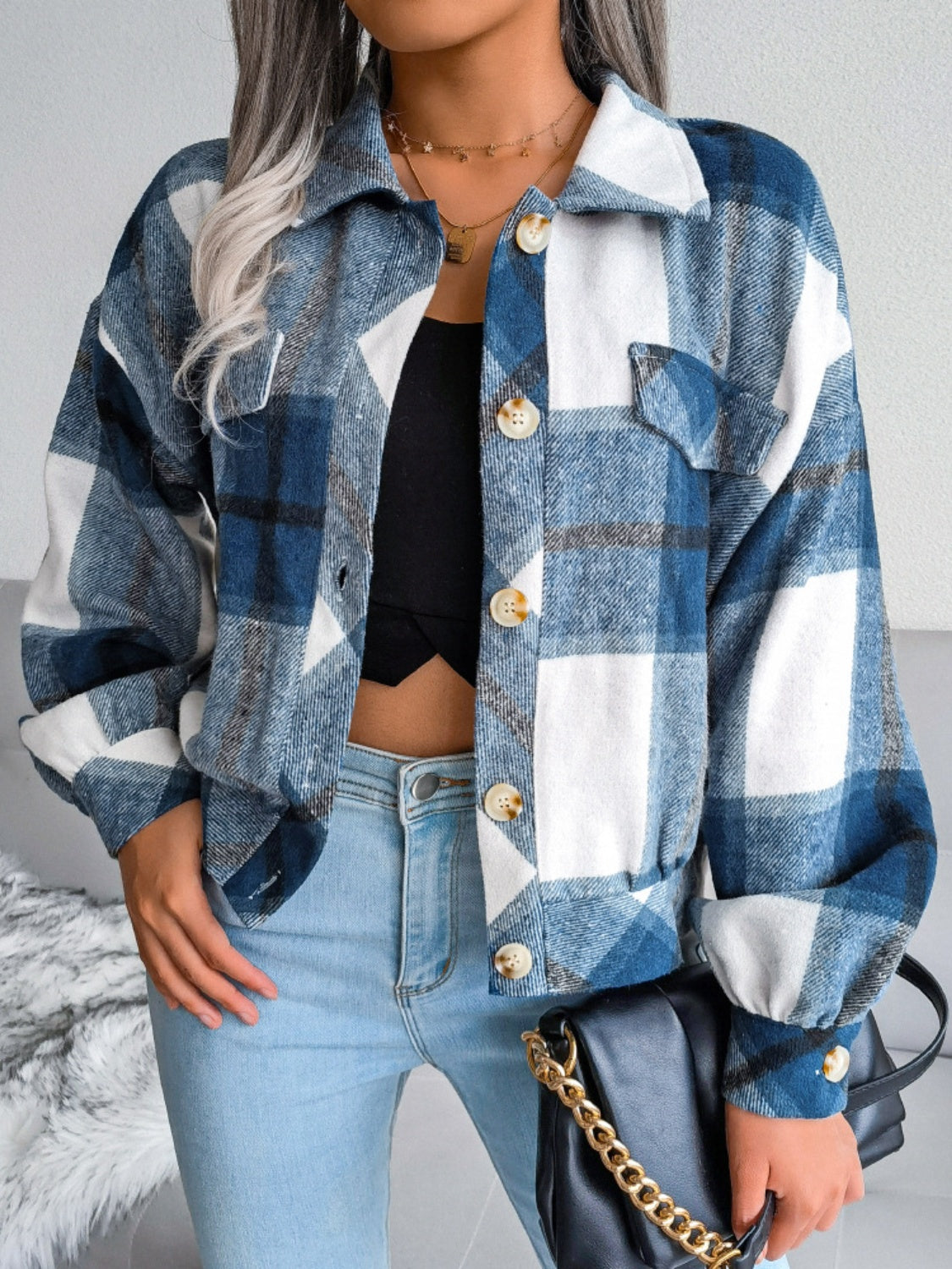 Plaid Collared Neck Long Sleeve Jacket-Angel Casuals